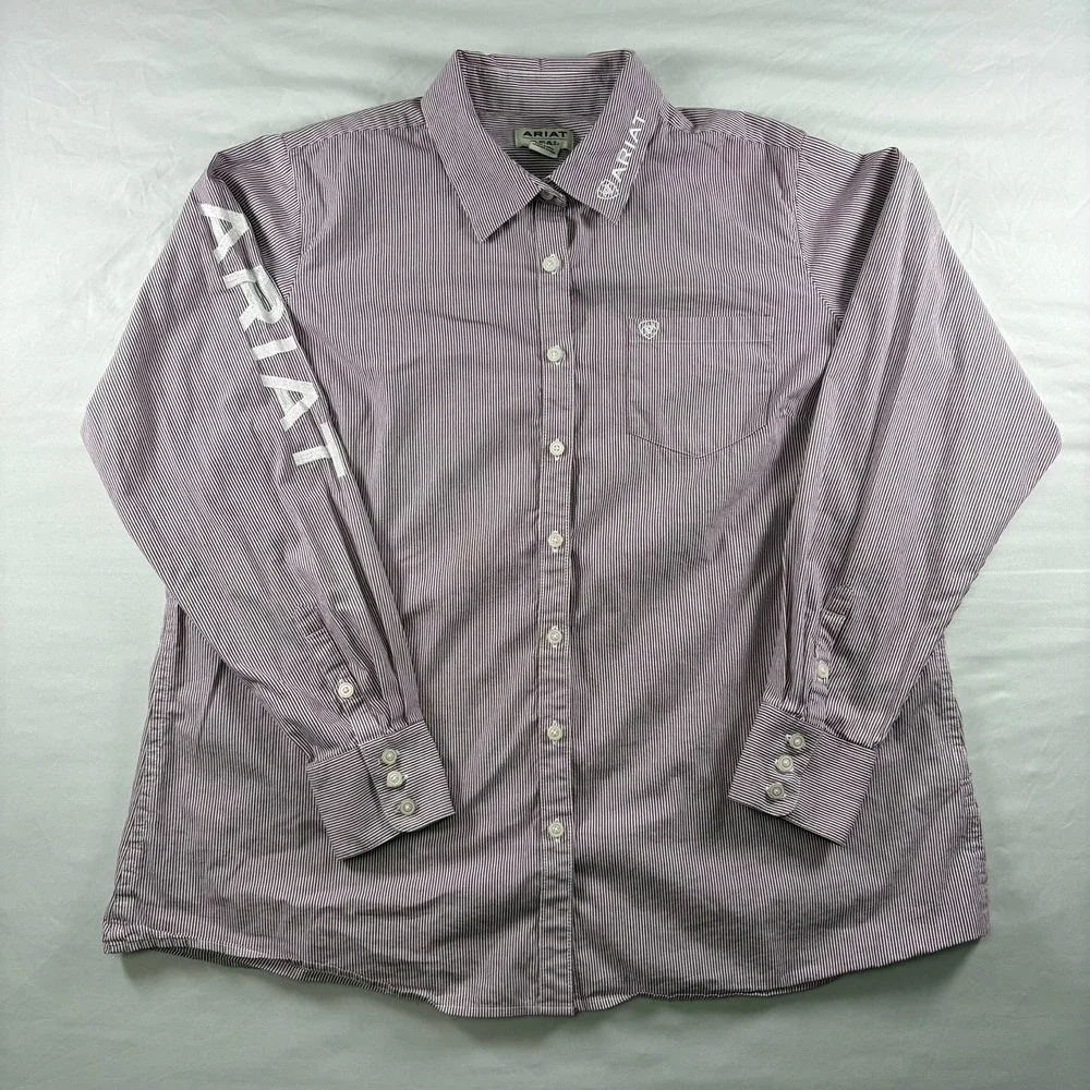 Ariat ReAL Button Down Shirt Womens 1X Purple Striped Logo Sleeve Western - Picture 1 of 12